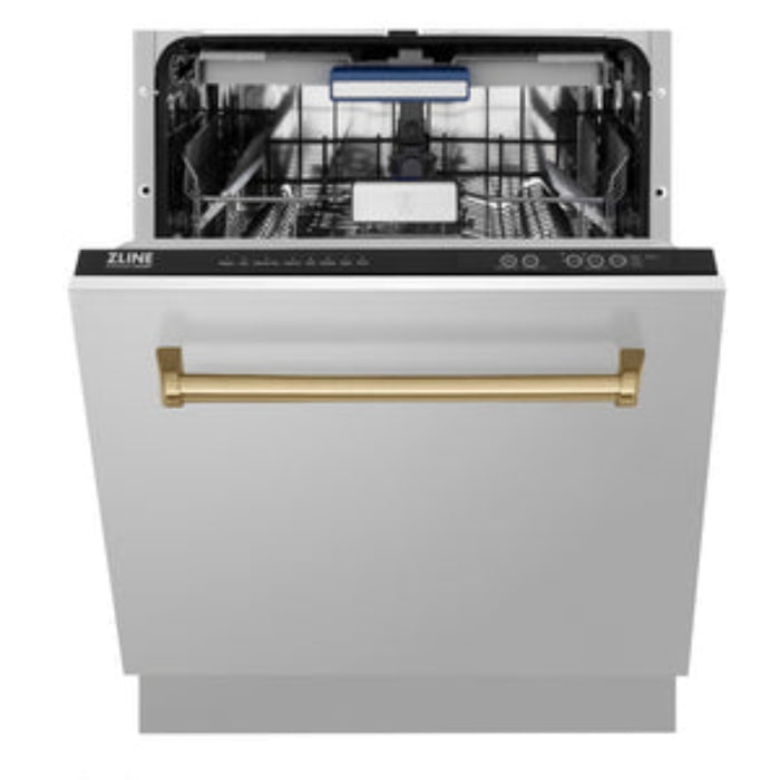 ZLINE 24" Autograph Edition Tallac Series 3rd Rack Top Control Built-In Tall Tub Dishwasher in Stainless Steel with Champagne Bronze Handle