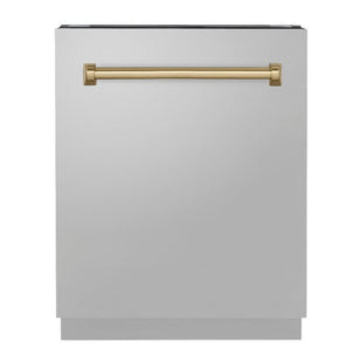 ZLINE 24" Autograph Edition Tallac Series 3rd Rack Top Control Built-In Tall Tub Dishwasher in Stainless Steel with Champagne Bronze Handle