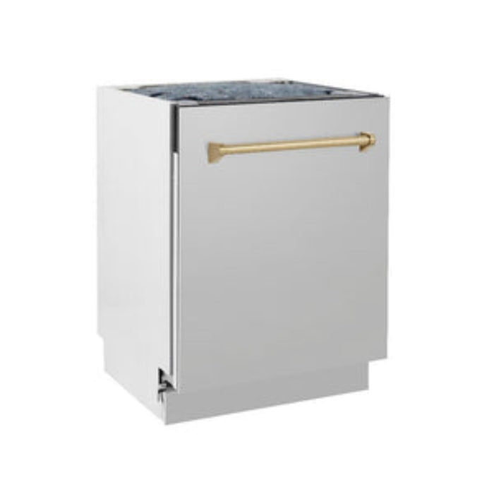 ZLINE 24" Autograph Edition Tallac Series 3rd Rack Top Control Built-In Tall Tub Dishwasher in Stainless Steel with Champagne Bronze Handle