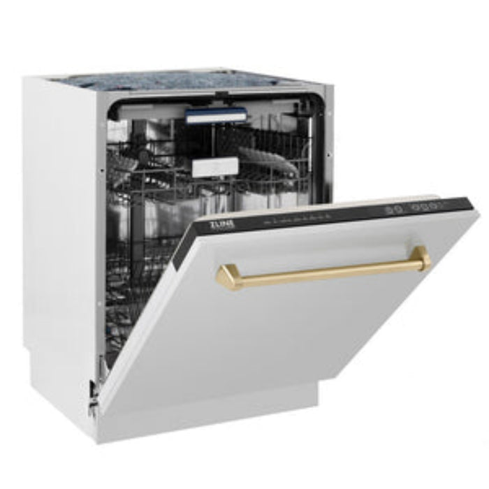 ZLINE 24" Autograph Edition Tallac Series 3rd Rack Top Control Built-In Tall Tub Dishwasher in Stainless Steel with Champagne Bronze Handle