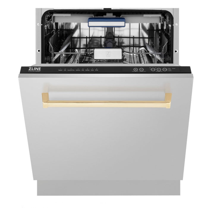 ZLINE 24" Autograph Edition Tallac Series 3rd Rack Top Control Built-In Tall Tub Dishwasher in Stainless Steel with Polished Gold Handle
