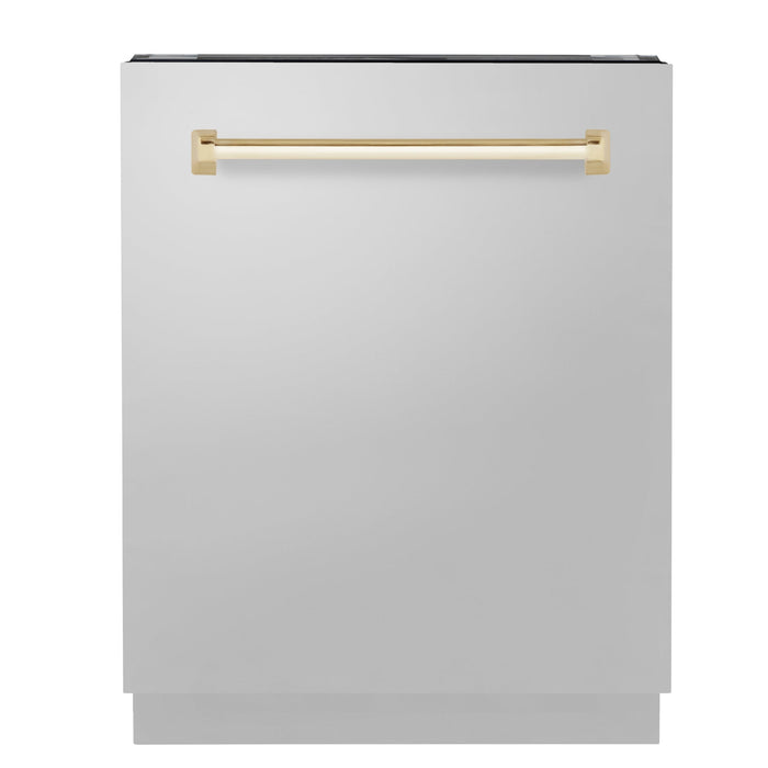 ZLINE 24" Autograph Edition Tallac Series 3rd Rack Top Control Built-In Tall Tub Dishwasher in Stainless Steel with Polished Gold Handle
