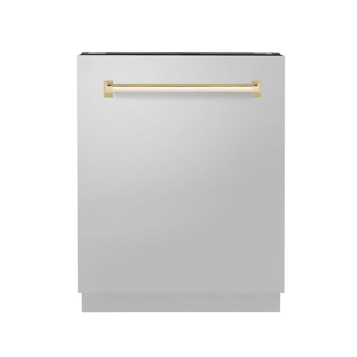 ZLINE 24" Autograph Edition Tallac Series 3rd Rack Top Control Built-In Tall Tub Dishwasher in Stainless Steel with Polished Gold Handle
