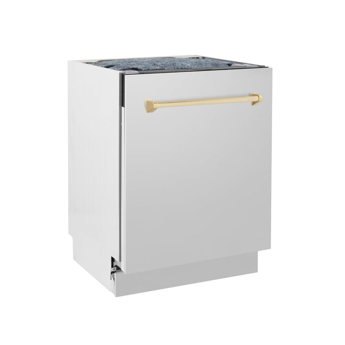 ZLINE 24" Autograph Edition Tallac Series 3rd Rack Top Control Built-In Tall Tub Dishwasher in Stainless Steel with Polished Gold Handle