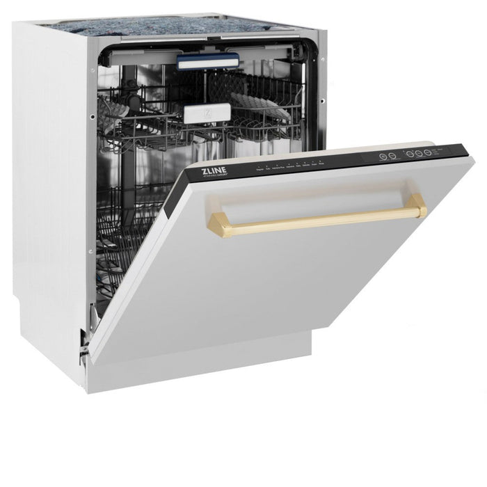 ZLINE 24" Autograph Edition Tallac Series 3rd Rack Top Control Built-In Tall Tub Dishwasher in Stainless Steel with Polished Gold Handle