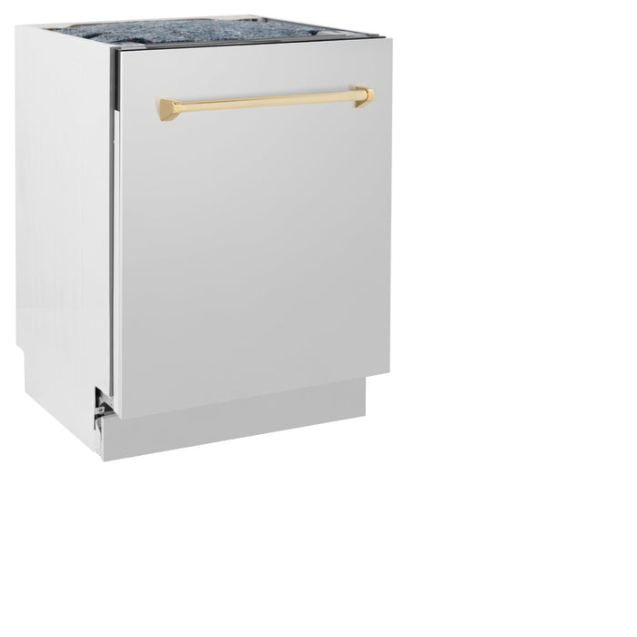 ZLINE 24" Autograph Edition Tallac Series 3rd Rack Top Control Built-In Tall Tub Dishwasher in Stainless Steel with Polished Gold Handle