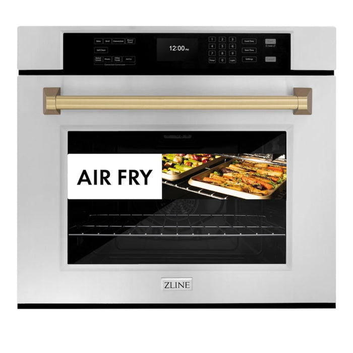 ZLINE 30" Autograph Edition Professional True Convection Single Wall Oven with Air Fry and Self Clean in Stainless Steel with Champagne Bronze Handle