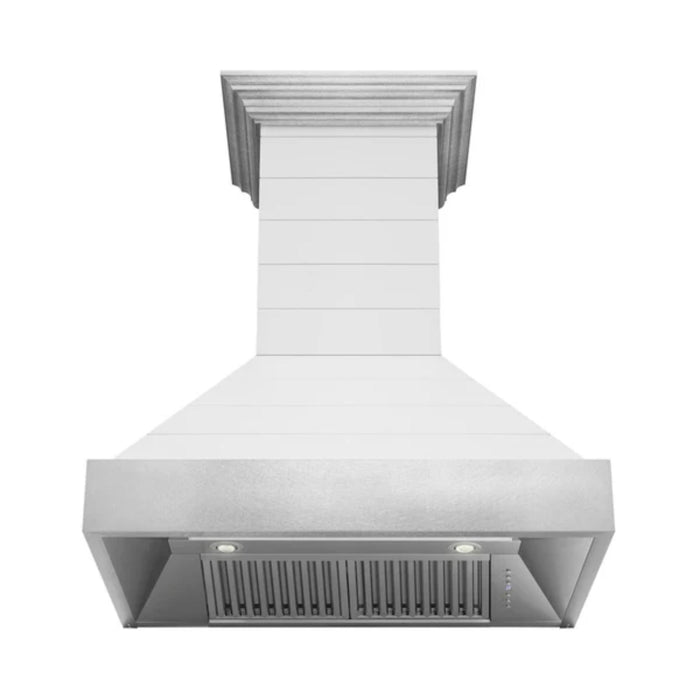 ZLINE 30" & 36" Wooden Wall Mount Range Hoods in Rustic Shiplap Bright White with Stainless Steel Accents