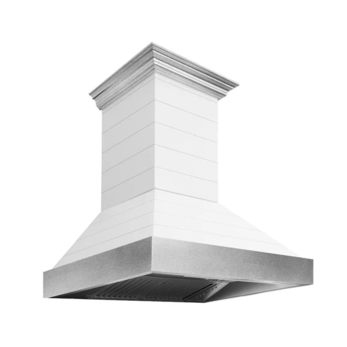 ZLINE 30" & 36" Wooden Wall Mount Range Hoods in Rustic Shiplap Bright White with Stainless Steel Accents
