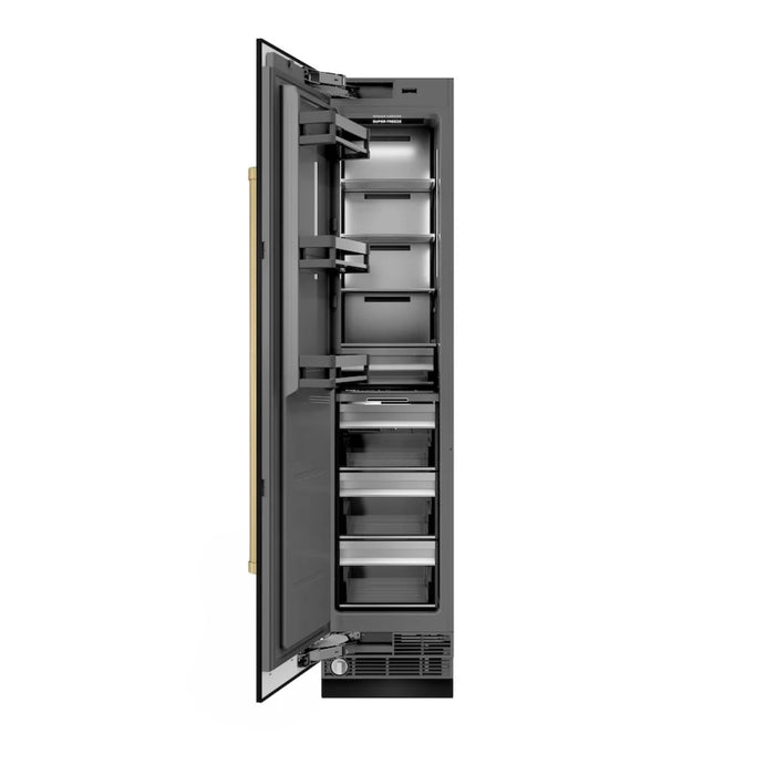 ZLINE Autograph Edition 18-Inch Left Hinge Column Freezer in Black Stainless Steel with Graphite Gray Interior and Polished Gold Accents