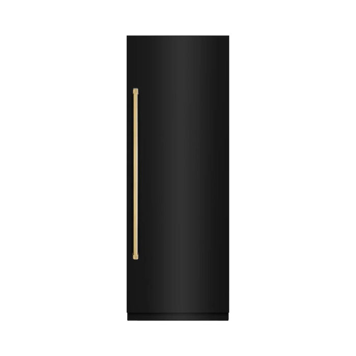 ZLINE Autograph Edition 30-Inch Column Refrigerator in Black Stainless Steel with Graphite Gray Interior and Polished Gold Accents