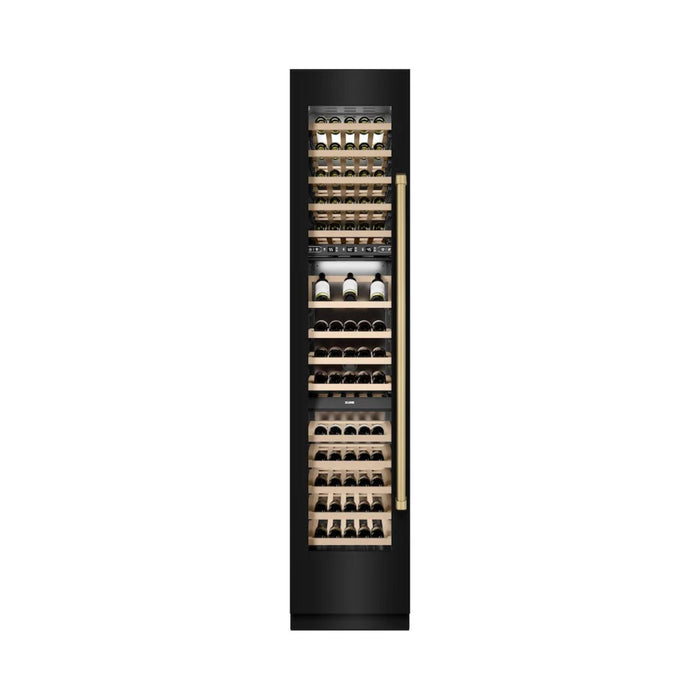 ZLINE 18-Inch 9.0 Cu. Ft. Autograph Edition Triple Zone Panel Ready Left Hinge Column Wine Cooler in Black Stainless Steel with Champagne Bronze Accents