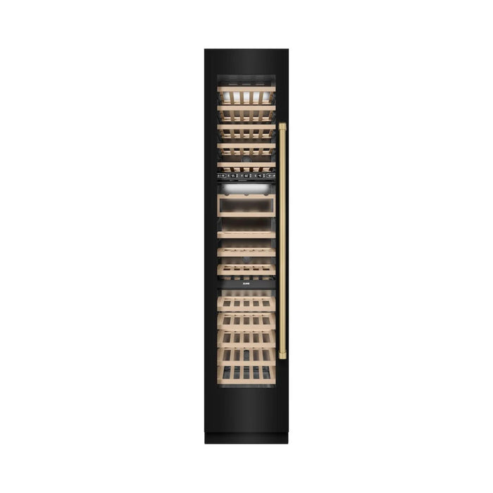 ZLINE 18-Inch 9.0 Cu. Ft. Autograph Edition Triple Zone Panel Ready Left Hinge Column Wine Cooler in Black Stainless Steel with Champagne Bronze Accents