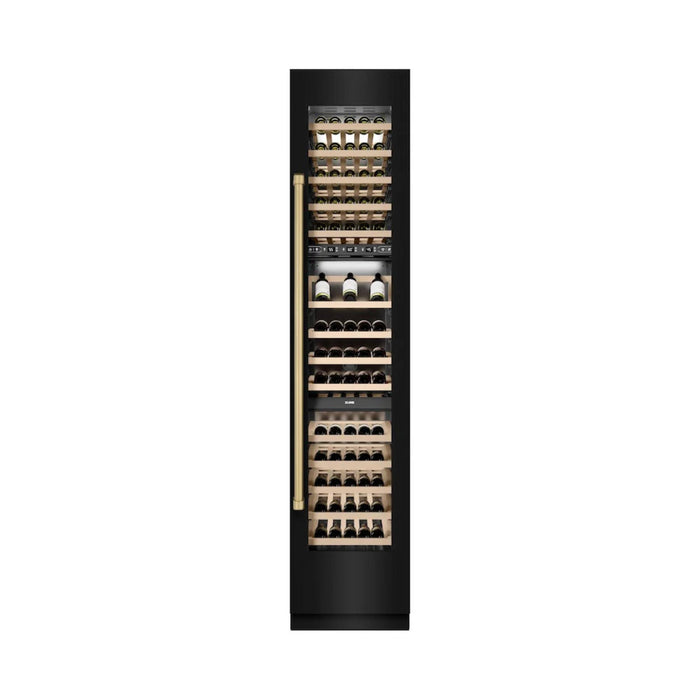 ZLINE Autograph Edition 18-Inch 9.0 Cu. Ft. Triple Zone Panel Ready Right Hinge Column Wine Cooler in Black Stainless Steel with Champagne Bronze Accents