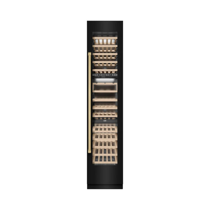 ZLINE Autograph Edition 18-Inch 9.0 Cu. Ft. Triple Zone Panel Ready Right Hinge Column Wine Cooler in Black Stainless Steel with Champagne Bronze Accents