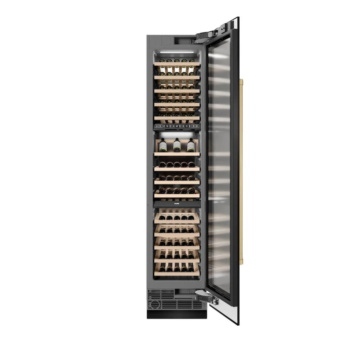 ZLINE Autograph Edition 18-Inch 9.0 Cu. Ft. Triple Zone Panel Ready Right Hinge Column Wine Cooler in Black Stainless Steel with Champagne Bronze Accents