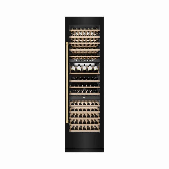 ZLINE Autograph Edition 24-Inch Triple Zone 100 Bottle Column Wine Cooler in Black Stainless Steel with Polished Gold Accents