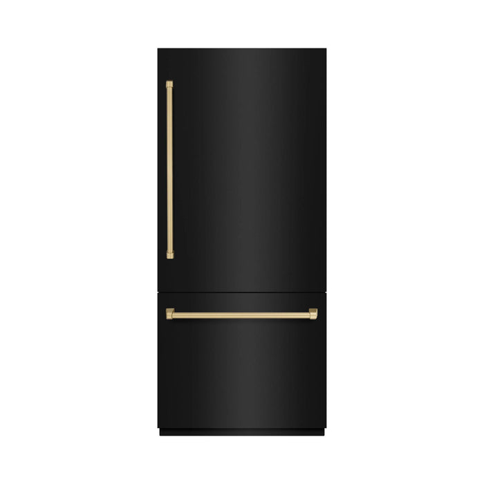 ZLINE Autograph Edition 36" Built‑In Bottom‑Freezer Refrigerator — Black Stainless with Champagne Bronze Accents and Polished Gold Accents.