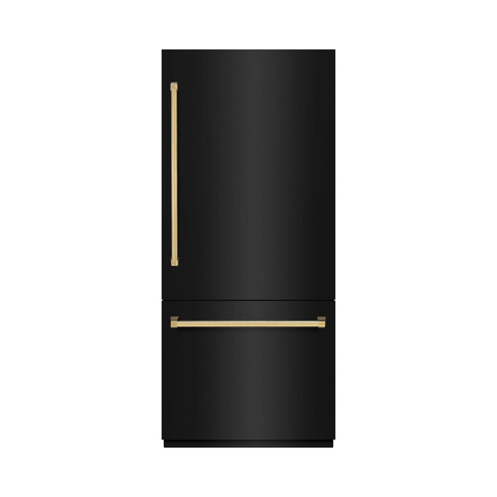 ZLINE Autograph Edition 36" Built‑In Bottom‑Freezer Refrigerator — Black Stainless with Champagne Bronze Accents and Polished Gold Accents.