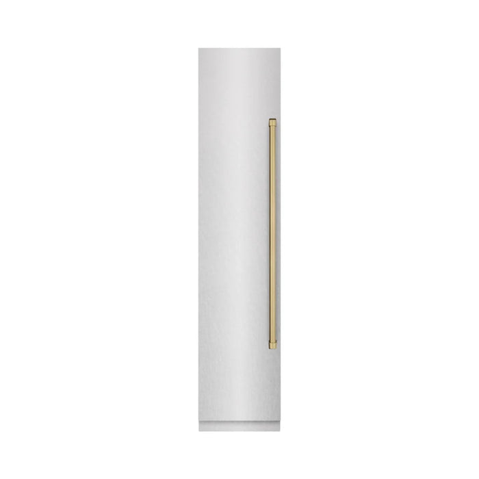 ZLINE Autograph Edition 18-Inch Left Hinge Column Freezer in DuraSnow® Stainless Steel with Graphite Gray Interior and Polished Gold Accents