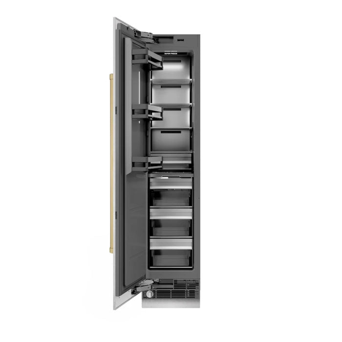 ZLINE Autograph Edition 18-Inch Left Hinge Column Freezer in DuraSnow® Stainless Steel with Graphite Gray Interior and Polished Gold Accents