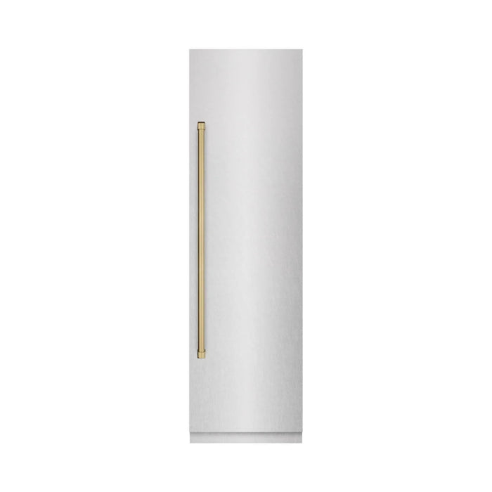 ZLINE Autograph Edition 24-Inch Column Refrigerator in DuraSnow® Stainless Steel with Graphite Gray Interior and Polished Gold Accents