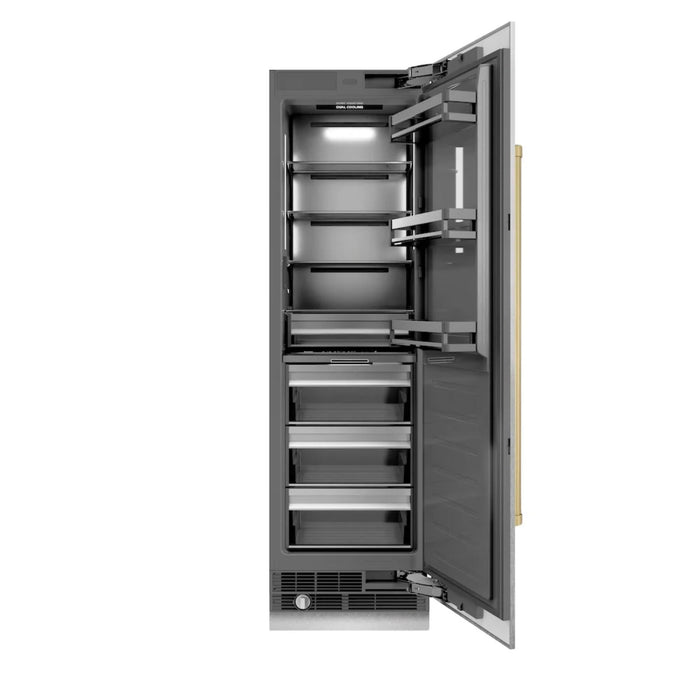 ZLINE Autograph Edition 24-Inch Column Refrigerator in DuraSnow® Stainless Steel with Graphite Gray Interior and Polished Gold Accents