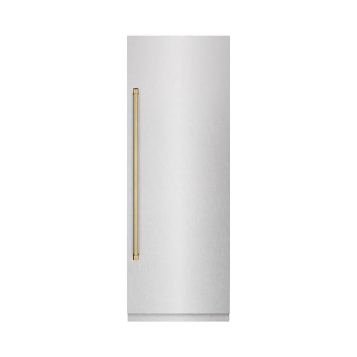 ZLINE Autograph Edition 30-Inch Column Refrigerator in DuraSnow® Stainless Steel with Graphite Gray Interior and Champagne Bronze Accents
