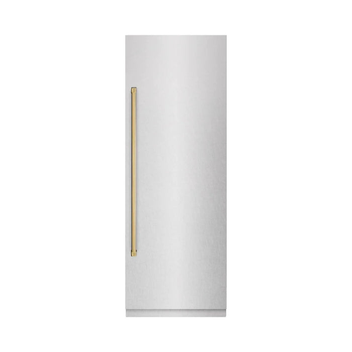 ZLINE Autograph Edition 30-Inch Column Refrigerator in DuraSnow® Stainless Steel with Graphite Gray Interior and Polished Gold Accents
