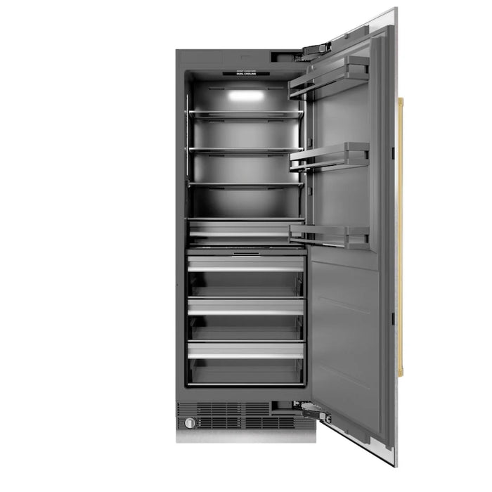 ZLINE Autograph Edition 30-Inch Column Refrigerator in DuraSnow® Stainless Steel with Graphite Gray Interior and Polished Gold Accents