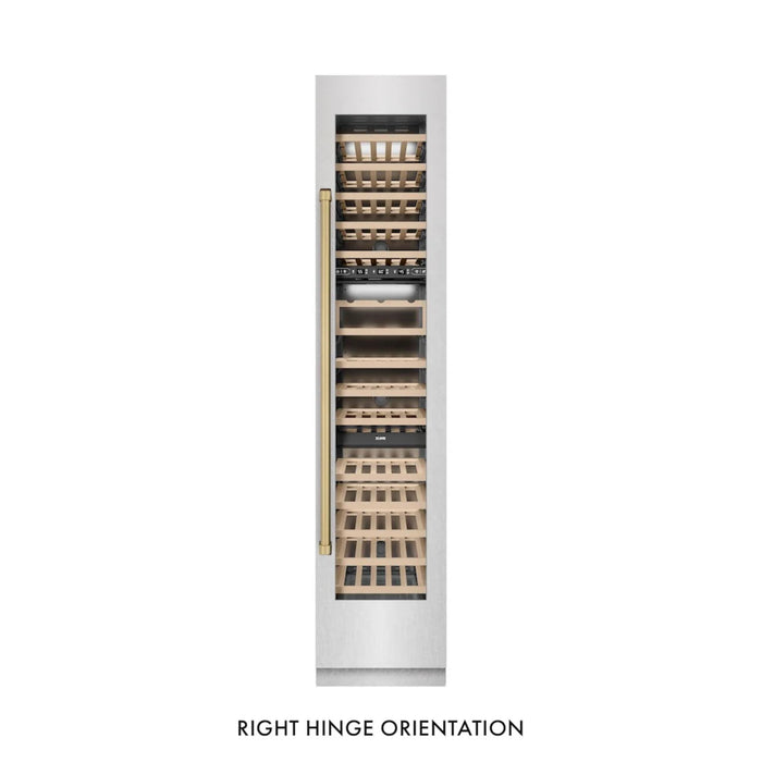 ZLINE Autograph Edition 18-Inch 9.0 Cu. Ft. Triple Zone Panel Ready Right Hinge Column Wine Cooler in DuraSnow® Stainless Steel with Champagne Bronze Accents