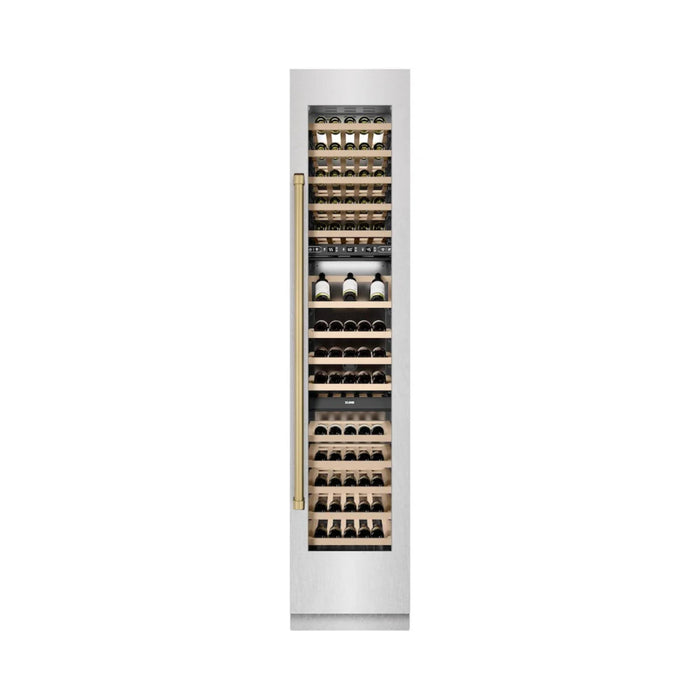 ZLINE Autograph Edition 18-Inch 9.0 Cu. Ft. Triple Zone Panel Ready Right Hinge Column Wine Cooler in DuraSnow® Stainless Steel with Champagne Bronze Accents