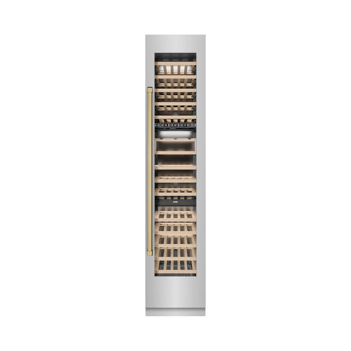 ZLINE Autograph Edition 18-Inch 9.0 Cu. Ft. Triple Zone Panel Ready Right Hinge Column Wine Cooler in Stainless Steel with Polished Gold Accents