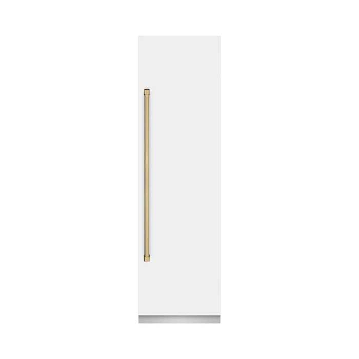 ZLINE Autograph Edition 24-Inch Column Refrigerator in White Matte with Graphite Gray Interior and Champagne Bronze Accents