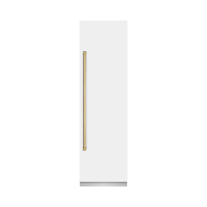 ZLINE Autograph Edition 24-Inch Column Refrigerator in White Matte with Graphite Gray Interior and Polished Gold Accents