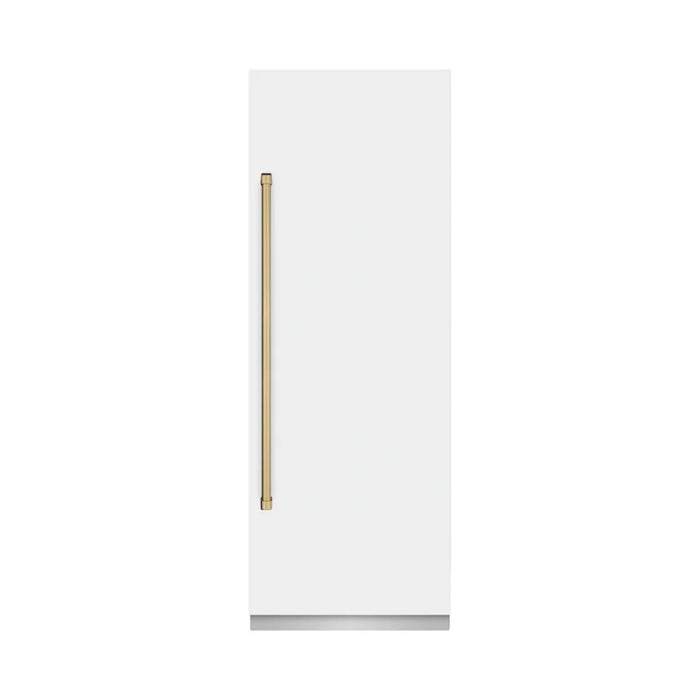 ZLINE Autograph Edition 30-Inch Column Refrigerator in White Matte with Graphite Gray Interior and Champagne Bronze Accents