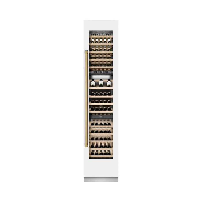ZLINE Autograph Edition 18-Inch 9.0 Cu. Ft. Triple Zone Panel Ready Right Hinge Column Wine Cooler in White Matte with Polished Gold Accents
