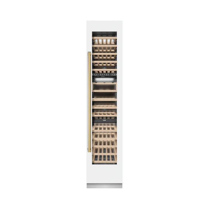 ZLINE Autograph Edition 18-Inch 9.0 Cu. Ft. Triple Zone Panel Ready Right Hinge Column Wine Cooler in White Matte with Polished Gold Accents