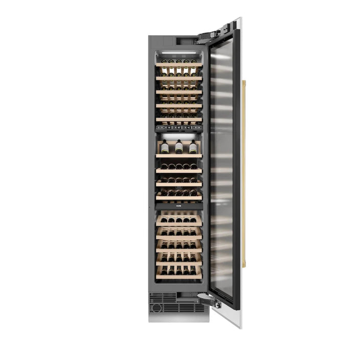 ZLINE Autograph Edition 18-Inch 9.0 Cu. Ft. Triple Zone Panel Ready Right Hinge Column Wine Cooler in White Matte with Polished Gold Accents