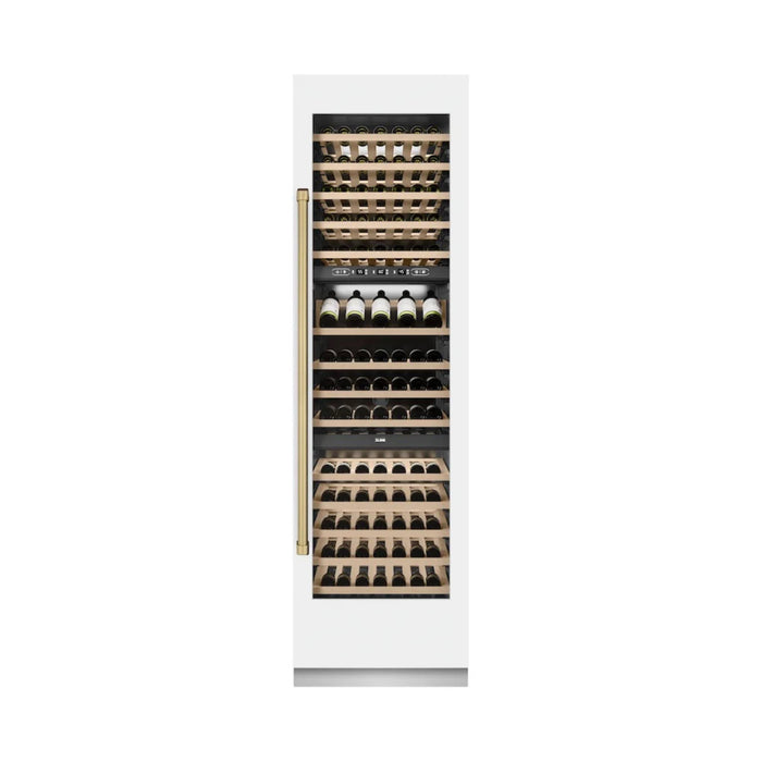 ZLINE Autograph Edition 24-Inch Triple Zone 100 Bottle Column Wine Cooler in White Matte with Polished Gold Accents