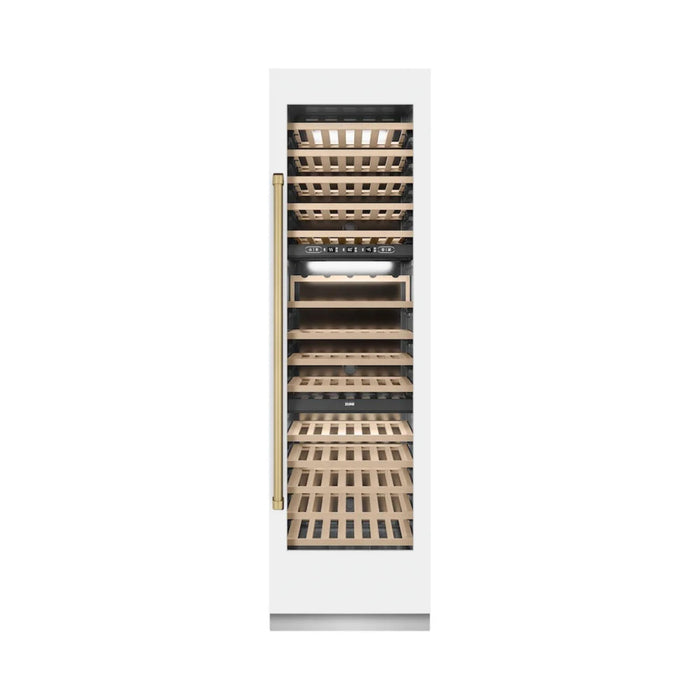 ZLINE Autograph Edition 24-Inch Triple Zone 100 Bottle Column Wine Cooler in White Matte with Polished Gold Accents