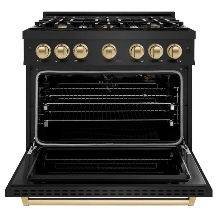 ZLINE Autograph Edition Classic Gas Range with Convection Gas Oven in Black Stainless Steel in Champagne Bronze Accents