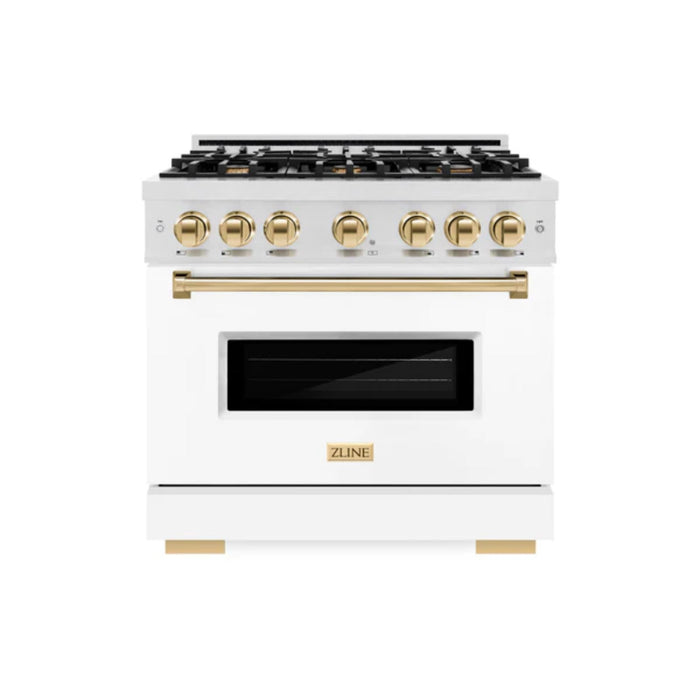 ZLINE Autograph Edition Classic Gas Range with Convection Gas Oven in Satin Stainless Steel Matte White and Polished Gold Accents