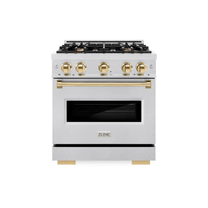 ZLINE Autograph Edition Classic Dual Fuel Ranges with Polished Gold Accents in Satin Stainless Steel
