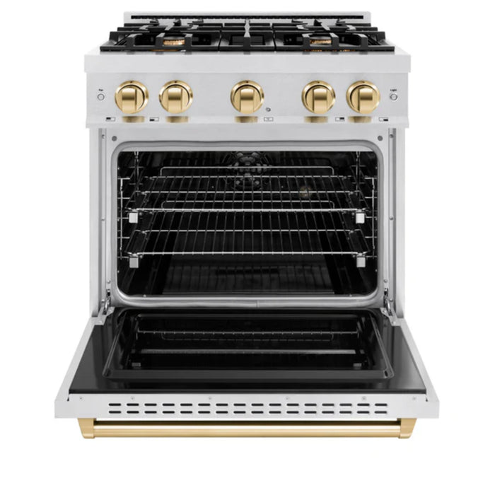 ZLINE Autograph Edition Classic Dual Fuel Ranges with Polished Gold Accents in Satin Stainless Steel