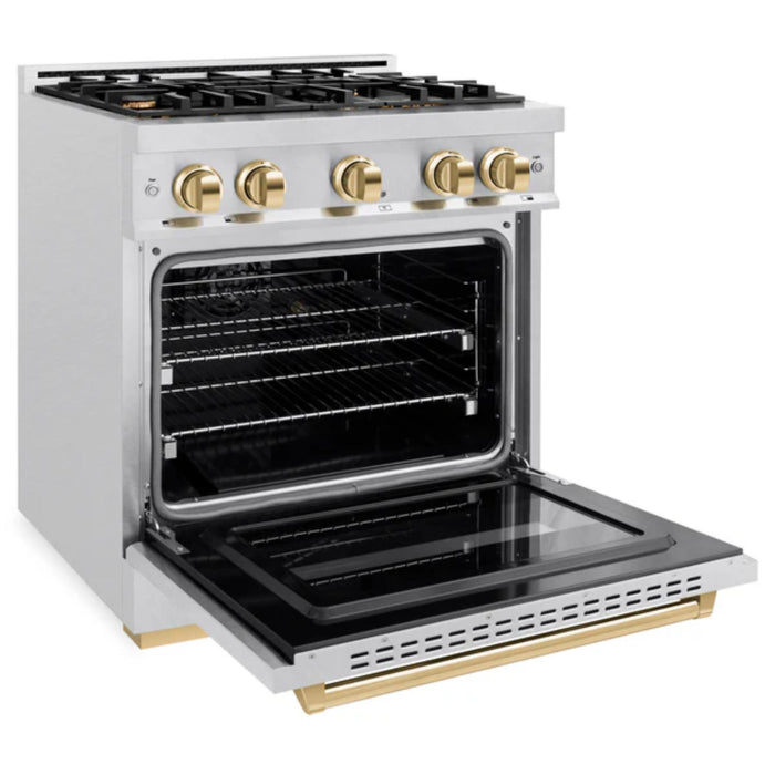 ZLINE Autograph Edition Classic Dual Fuel Ranges with Polished Gold Accents in Satin Stainless Steel