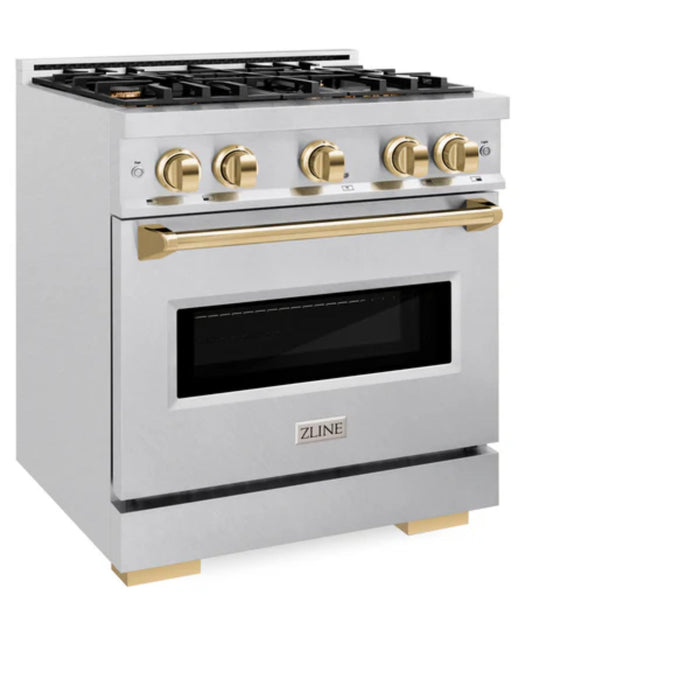 ZLINE Autograph Edition Classic Dual Fuel Ranges with Polished Gold Accents in Satin Stainless Steel