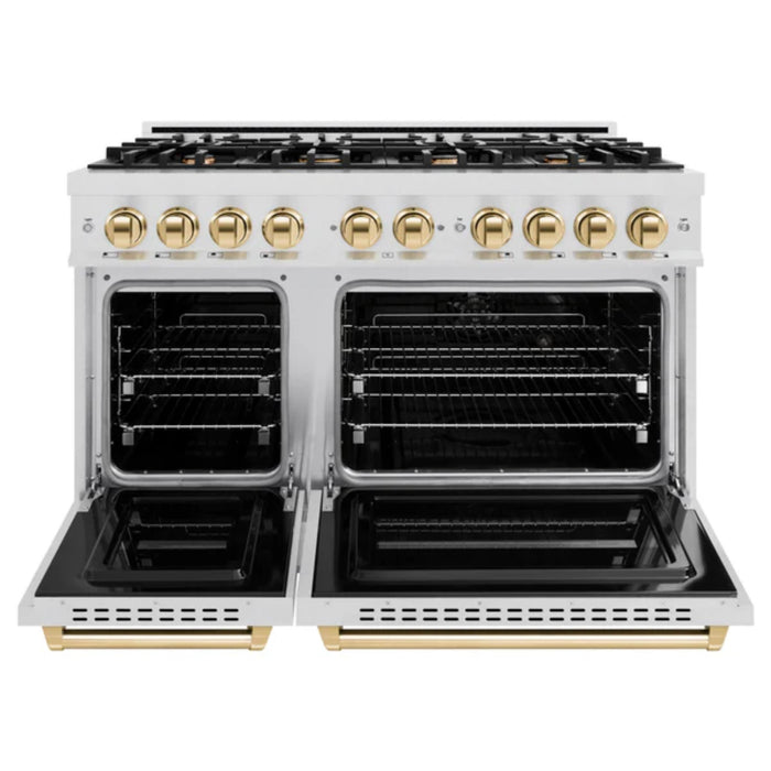 ZLINE Autograph Edition Classic Dual Fuel Ranges with Polished Gold Accents in Satin Stainless Steel
