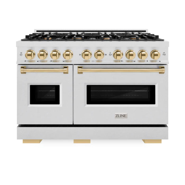 ZLINE Autograph Edition Classic Dual Fuel Ranges with Polished Gold Accents in Satin Stainless Steel