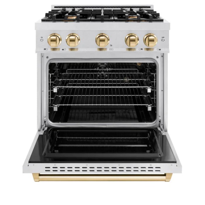 ZLINE Autograph Edition Classic Gas Range with Convection Gas Oven in Satin Stainless Steel and Polished Gold Accents